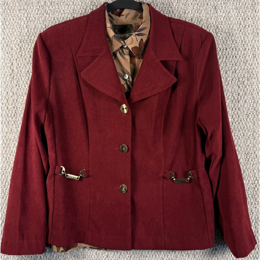 VTG 90s R&K Petite 12 Blazer Havana Jacks Shirt 2pc Set Equestrian Burgundy